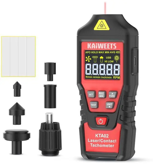 Main image of 2-in-1 Laser & Contact Tachometer with Rechargeable Battery, Photo Sensor 10-99999RPM and Contact 1-19999RPM High Accuracy RPM Meter with Backlight Hold/MAX/MIN/AVG, HI/Low Alarm Function