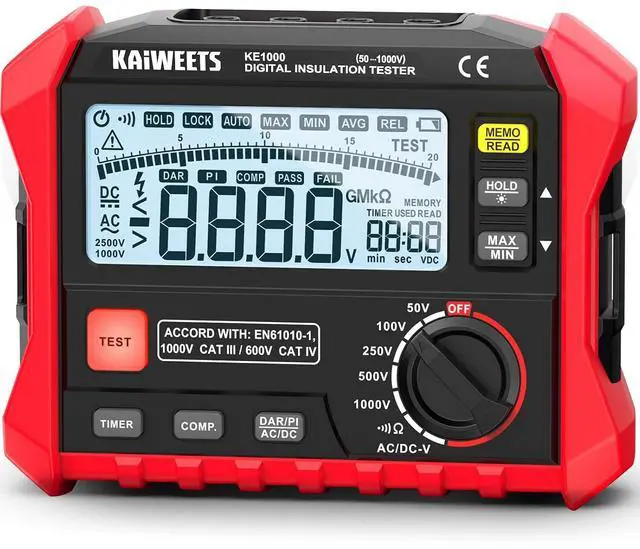 Main image of Megohmmeter Insulation Tester 3M-100G 1000V DAR/PI Pro Ohm Meter | 5 Range AC/DC Volt Test, with Case, Pass/Fall, Threshold Comparison, Large Backlit LCD, Data Hold, for Motor Solar HVAC