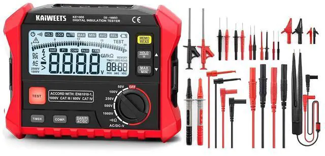 Main image of KE1000 Megohmmeter Insulation Resistance Tester Up to 100G and KET05 23PCS Multimeter Test Leads Kit with Replaceable Precision Probes Set