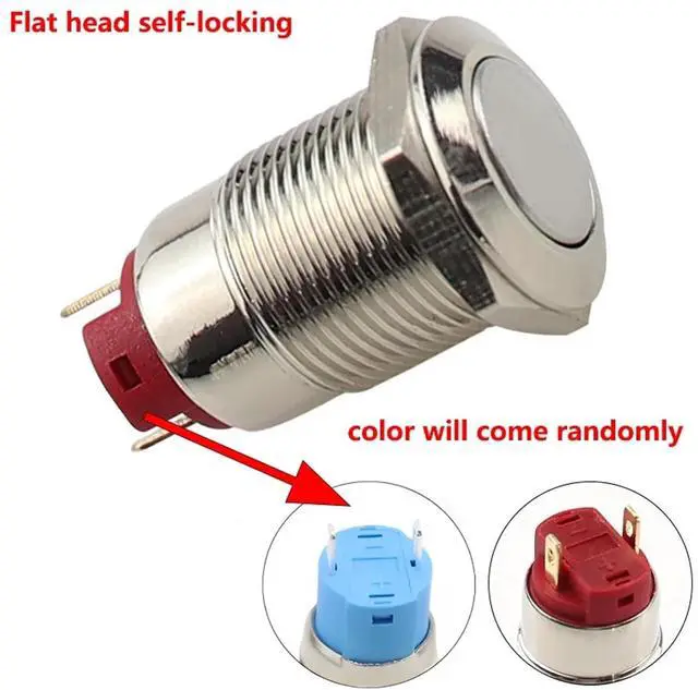 Alt view image 7 of 7 - 1PC 12mm Waterproof Self-Locking Round Stainless Steel Metal Push Button Switch Car Start Horn Bell Flat Head & High Head(2 Cables)