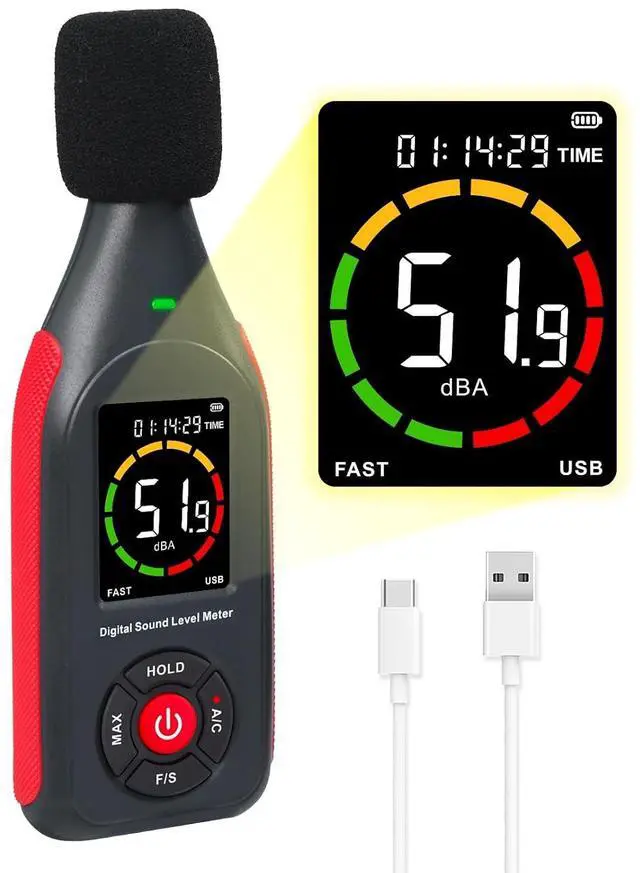 Main image of Decibel Meter Data Logger, Digital Sound Level Meter with Recording, dB Meter 30~130dB, 31,000 Data, 3Color Light Alarm, USB Rechargeable SPL Meter for Home, Classroom, Office, Neighbor, Industrial