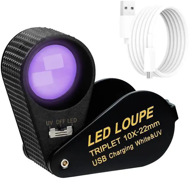 Main image of 10X Rechargeable Jewelers Loupe, Dual Light (LED & UV) Jewelry Magnifier, Portable Pocket Magnifying Glass with Triplet Lens for Gemstone Inspection, Coins, Stamps, Watches