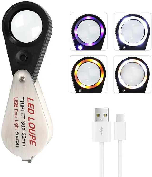 Main image of 30X Rechargeable Jewelers Loupe Hasting Triplet Loupe, Pocket Foldable Illuminated Jewelry Loop Magnifier with UV & LED Light for Jewelry, Watch Repair, Coins & Stamps Collecting(4 Lights Mode)