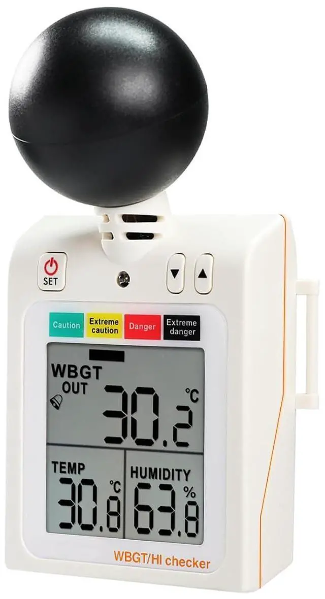 Main image of Wearable 2-in-1 WBGT + HI Heat Index Checker Wet Bulb Globe Temperature Heat Stress Meter Air Globe Temperature Humidity Tester with Dangerous Level Indicator Audible Alarm
