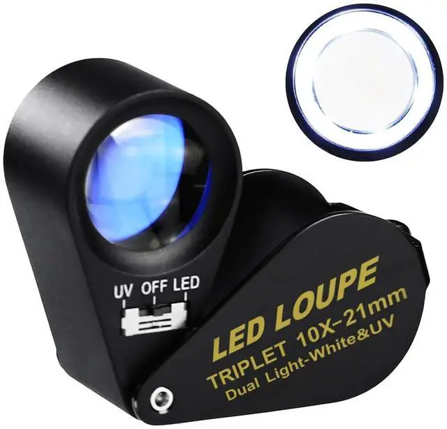 Main image of Illuminated Jewelers Loupe Magnifier, Foldable Jewelry Magnifier with 6 LED & UV Lights, Hastings Triplet Loupe 10X for Gems, Jewelry, Coins, Stamps, etc