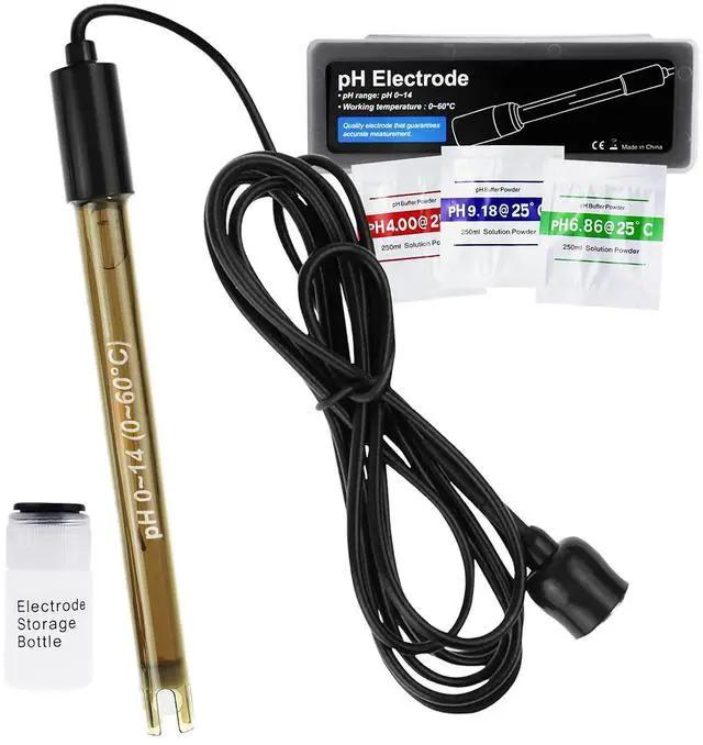 Main image of Replacement pH Electrode with Calibration Powder, 0-14 pH Highly Accurate Probe with BNC Connector & 200cm Cable for Continuous Liquid Measurement