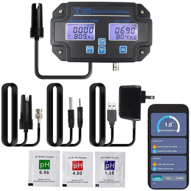 Main image of EC pH Monitor for Hydroponics, 6-in-1 Water Quality Tester with Wi-Fi, pH Meter Tester, Continuous Monitor of pH PPM EC CF Humidity Temp of Indoor DWC Grow System,Hydro Reservoir Tank