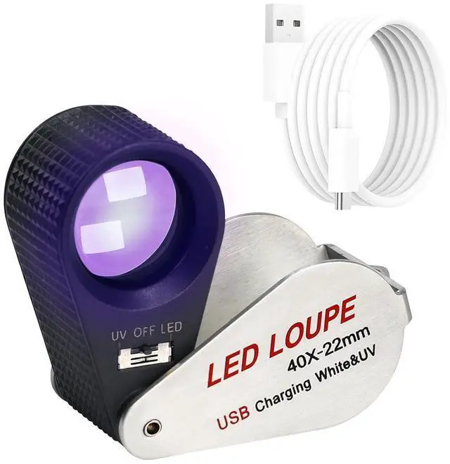 Main image of Illuminated Jewelers Loupe Magnifier 40x, Rechargeable Jewelers Loupe Foldable Jewelry Magnifier LED Loupe with 6 LEDs & UV Light for Gems, Jewelry, Coins, Stamps, etc