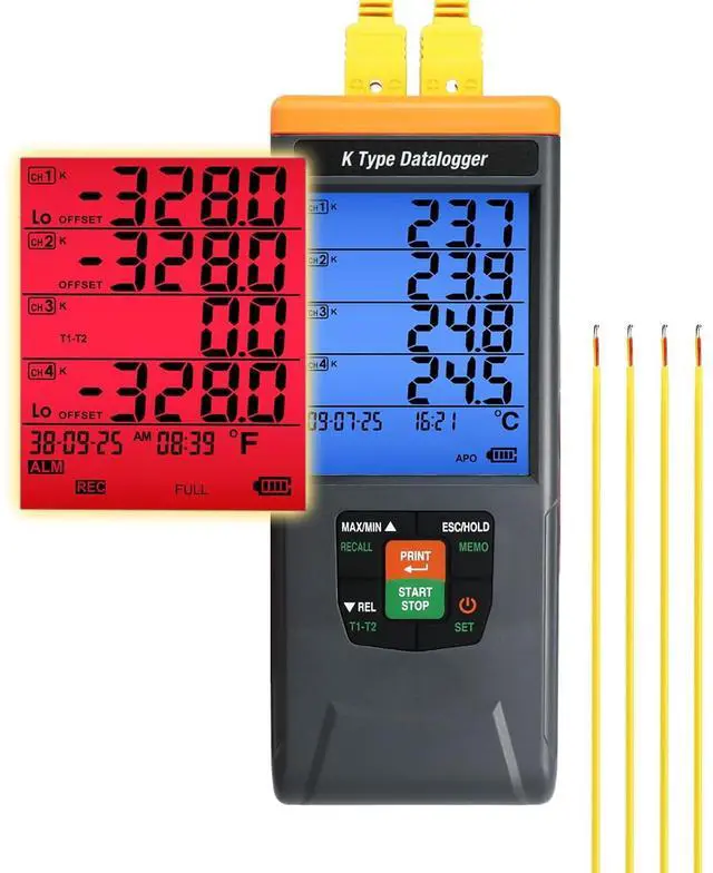 Main image of Thermocouple Thermometer Data Logger 4 Channel Digital K Type Temperature Data Logger Recorder with 48K Records, 328~2498 (-200~1370) Range with Audible/Visual Alarms for Laboratory Industrial