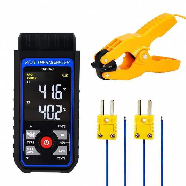 Main image of Digital K Type Thermocouple Thermometer, Dual Channels Thermometer Temperature Meter with 1 HVAC Temperature Clamp & 2 Wired Thermocouple Probes, Backlight & ADJ Compensation(-328~2500)