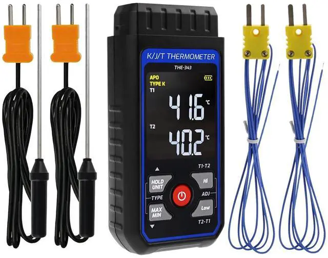 Main image of Thermocouple Thermometer HVAC Temperature Meter, Digital Temperature Thermometer with 4 K Type Thermocouple, Dual Channel Temperature Gauge with Alarm & ADJ Compensation (-328~2500 Measuring)