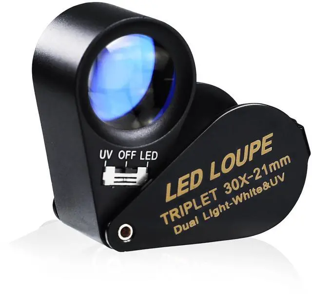 Main image of Jewelry Loupe 30X with 6 LED & UV Light, Pocket Jewellers Loupe, Metal Body Foldable Jewelry Magnifying Glass Hastings Triplet Loupe for Jewelry Diamond Gem Coin Stamp