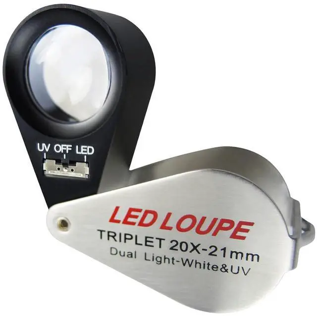 Main image of Jewelry Loupe 20X with 6 LED & UV Light, Pocket Jewellers Loupe, Metal Body Foldable Jewelry Magnifying Glass Hastings Triplet Loupe for Jewelry Diamond Gem Coin Stamp