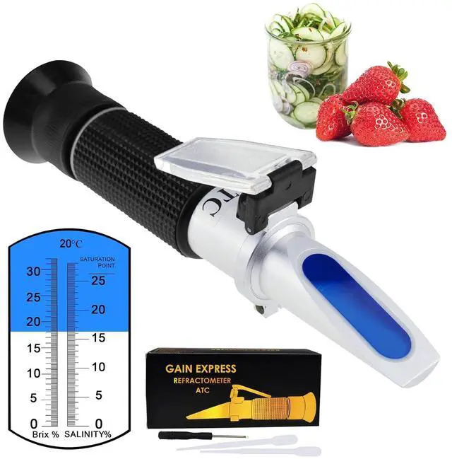 Main image of 2-in-1 Brix Salinity Refractometer Dual Scale 0-32% Brix & 0-28% Salinity with ATC Sodium Chloride in Food Salt Seawater Brine Beer fruits Cutting Liquid