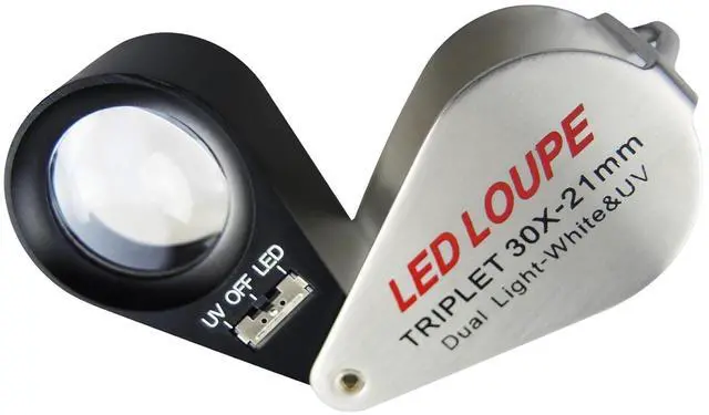 Main image of Jewelers Loupe Magnifier, Jewelry Loop Magnifier with Light, Hastings Triplet Loupe 30X, Jewelry Magnifying Glass for Coin, Gem, Stamp, Diamond etc (White LED & UV Light)