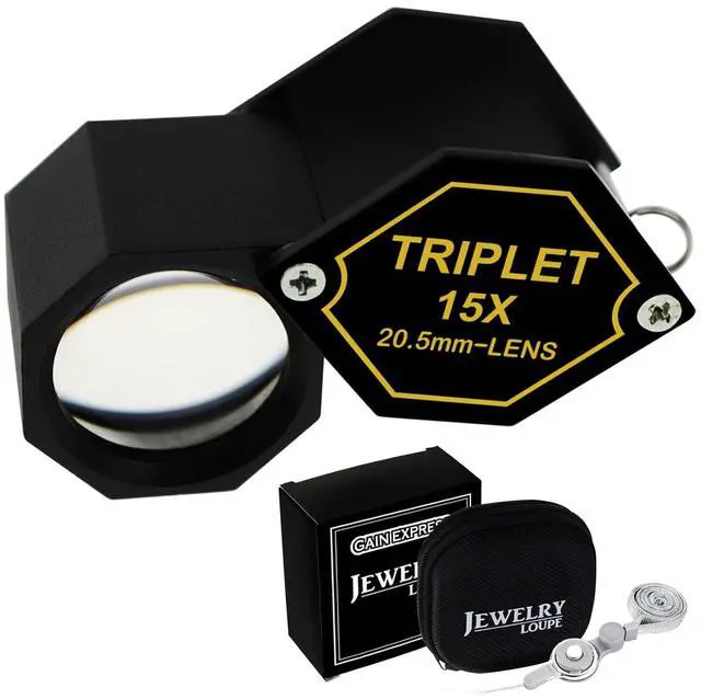 Main image of 15x Magnification Loupe Black Frame Jewelry Loupe 20.5mm Triplet Lens Achromatic Optical Glass Magnifying Tool Metal (Aluminum) Body Hexagonal Design Kit Set