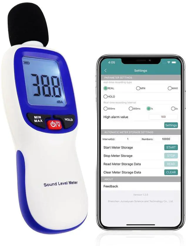 Main image of Decibel Meter, Bluetooth-Enabled Digital Sound Level Meter Portable SPL Meter 30~130dBA Range MAX/MIN Data Hold with LCD Display Backlight for Home, School and Workplace to Accurate Sound Measurement