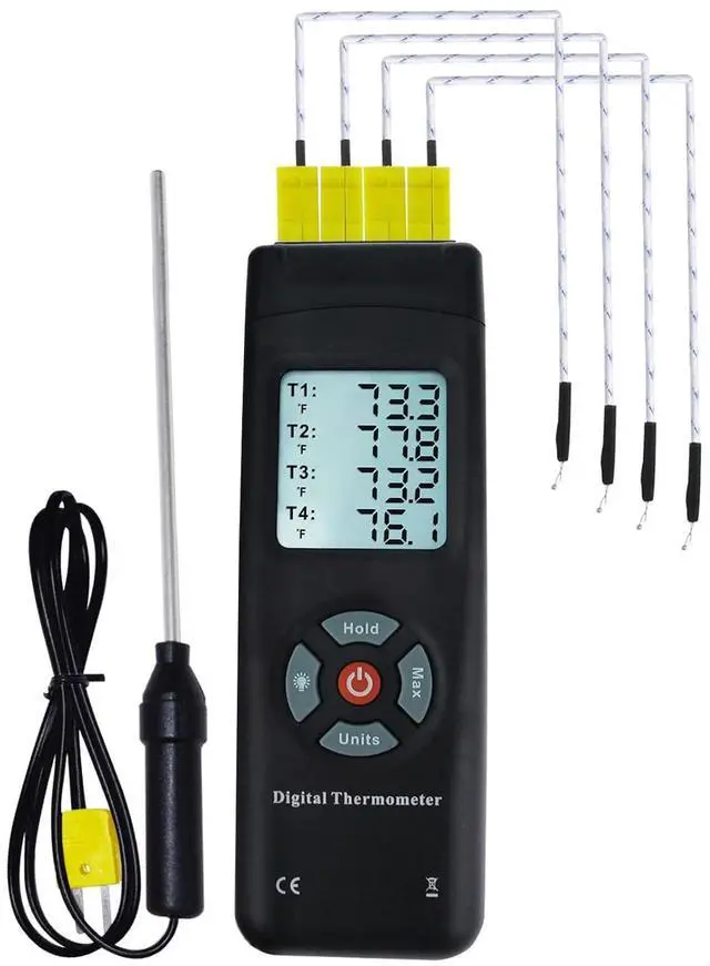 Main image of Digital 4 Channels K Type Thermocouple Thermometer with Metal & Bead Probes, Handheld with Backlight, High Temp Meter Tester Multi Measurement Instrument Tool