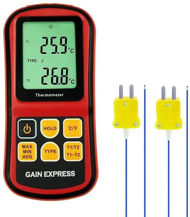 Main image of Thermocouple Thermometer Digital K/J/T/E/R/S/N Type Dual Channel Thermometer with Backlight, HVAC Temperature Meter with 2 Thermocouples, MAX/MIN/AVG Temperature Measurement