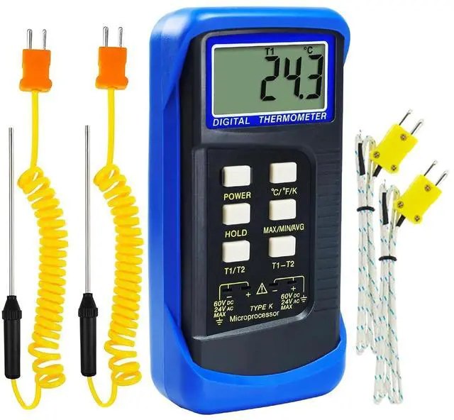 Main image of Dual Channel Thermocouple Thermometer Digital Temperature K Type Thermometer with 4 Probe (Wired & Stainless Steel) -50~1300°C (-58~2372°F) Range Temperature Meter Gauge