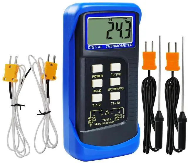 Main image of Thermocouple Thermometer Digital K Type HVAC Thermometer Dual Temperature Meter with 4 Thermocouples, MAX/MIN/AVG Temperature Measurement, -50~1300°C (-58~2372°F), Blue