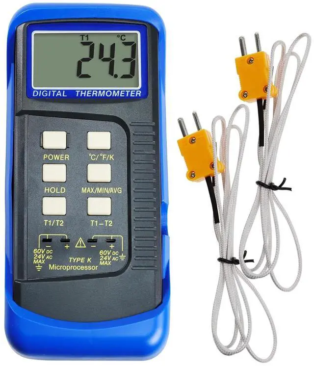 Main image of Digital K-Type Thermometer Dual Channel Thermocouple Thermometer with 2 Thermocouples, Measuring Range: -50 to 1300°C (-58 to 2372°F), High-Temperature Meter Measurement Sensor