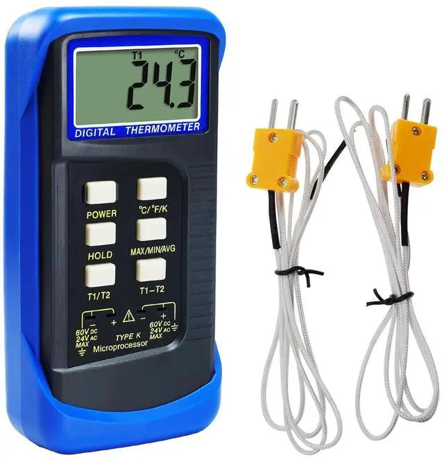 Main image of Digital K-Type Thermometer Dual Channel Thermocouple Thermometer with 2 Thermocouples, Measuring Range: -50 to 1300°C (-58 to 2372°F), High-Temperature Meter Measurement Sensor