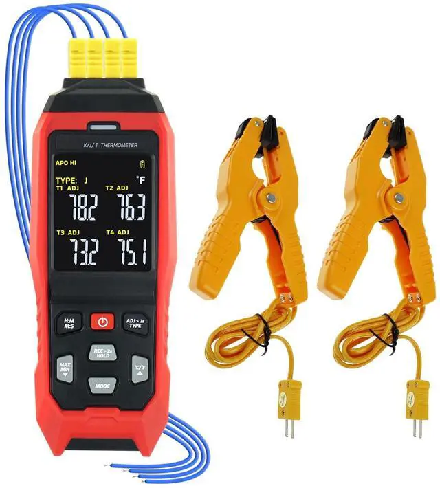 Main image of Thermocouple Thermometer Data Logger Digital K/J/T Type Thermometer 4 Channels with 2 Temperature Clamp, Real-Time Data Logging, 5000 Groups Record, Audible/Visual Alarms, Wide Range -328~2501°F