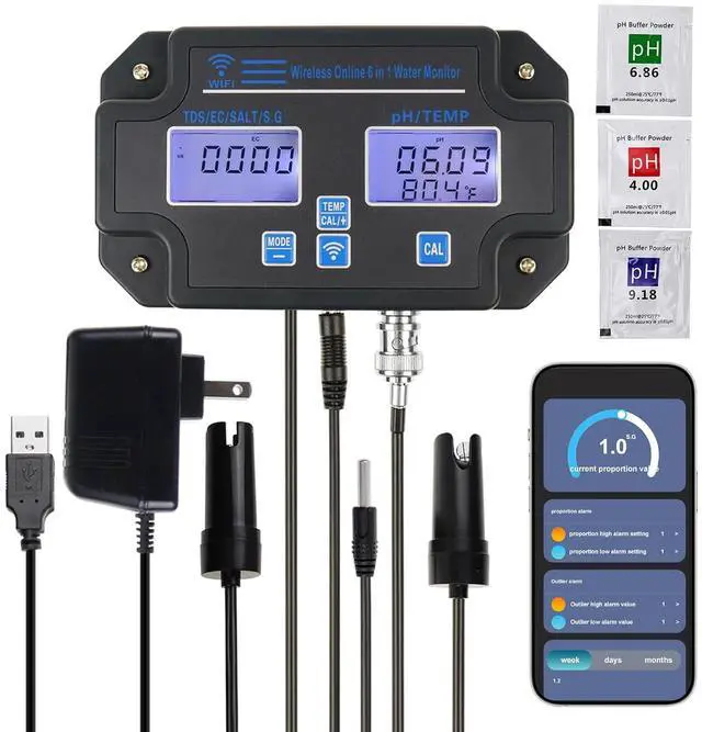 Main image of Professional 6-in-1 Water Quality Monitor Tests pH, TDS, EC, Salinity, SG, Temperature Wi-Fi Smart Sensor with App & Data Logging for Aquarium, Fish Pond, Hydroponics
