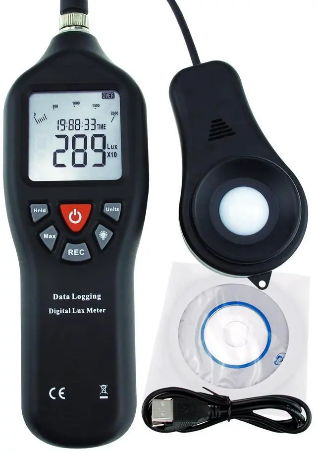 Main image of Gain Express Digital Light Meter Lux Meter Measurement Range Detachable Sensor 0 to 200,000 Lux Min/Max/Avg Functions (with Data Record Function) + CD Software w/USB Power Cable