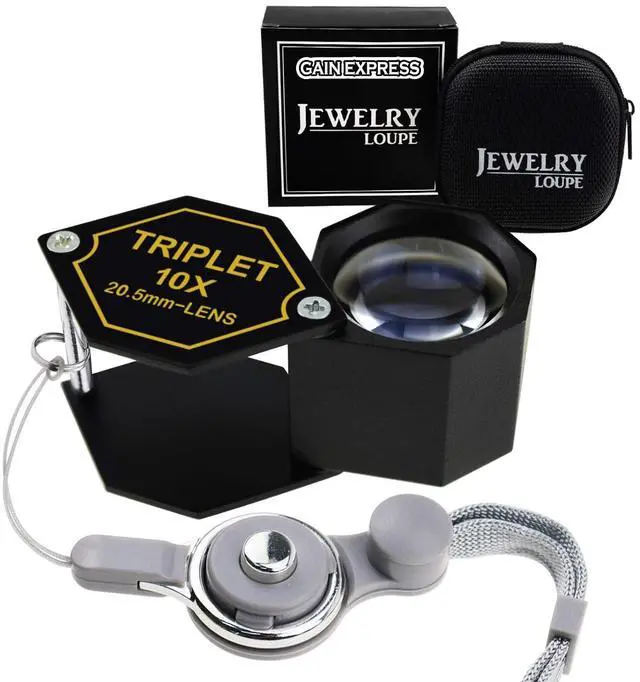 Main image of 10x Magnification Jewelery Loupe, 20.5mm Triplet Lens Achromatic Optical Glass Metal (Aluminum) Body Black Frame Hexagonal Design Kit Set Jewelry Pocket Magnifying Tool
