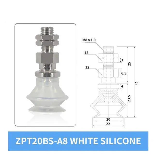 Alt view image 2 of 3 - 1Pcs ZPT20BN/BS-A5/A6 ZPT25BN/BS-A5/A6 ZPT32BN/BS-A5/A6 White Silicone 20/25/32MM Pneumatic Vacuum Sucker(ZPT20BS-A8 Long)