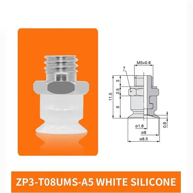 Alt view image 2 of 2 - 1Pcs ZP3-T04/06/08/10/13/16UMS/UMN-A5/B5 Flat Single Layer White Silicone Soft Pneumatic Vacuum Suction Cup(ZP3-T08UMS-A5)