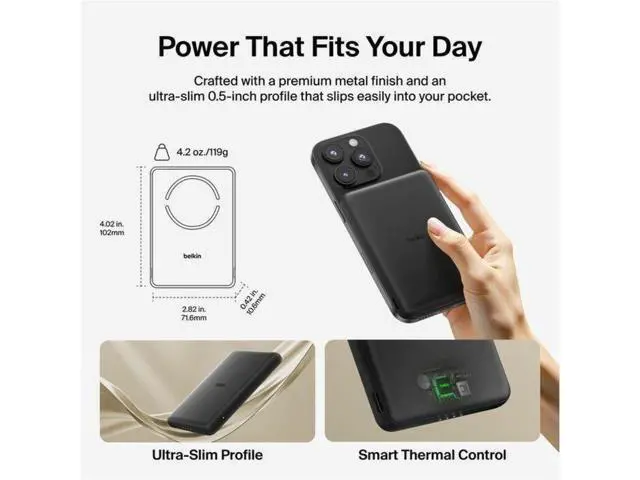Alt view image 2 of 7 - Belkin BoostCharge Slim Magnetic Power Bank 5K - For Smartphone, iPhone, Earbud, USB Type C Device, MagSafe-enabled Device, Android Device, Qi-enabled Device - 5000 mAh - 7.50 W - USB Type-C Connector