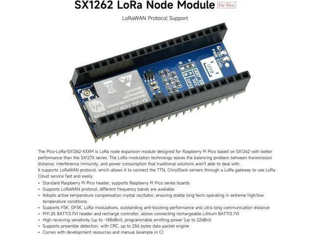 Alt view image 3 of 6 - Waveshare Pico SX1262 LoRa Node Module, Compatible with Raspberry Pi Pico, LoRaWAN Protocol Support, Long Range, Low Power, High Sensitivity Wireless Communication for IoT Projects
