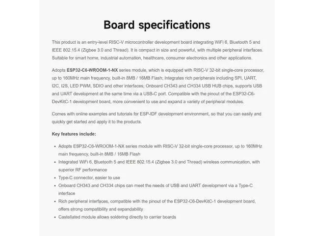 Alt view image 4 of 7 - ESP32-C6 Microcontroller, WiFi 6 Development Board, 160MHz Single-Core Processor, ESP32-C6-WROOM-1-N8 Module, Supports USB and UART Development with Pre-soldered Header