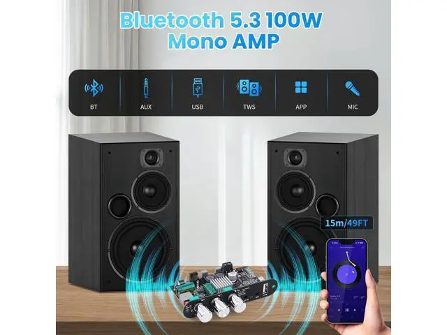 Alt view image 2 of 7 - Bluetooth5.3 Mini Amplifier Board 100W Mono Power Amp with TWS Box, Karaoke Audio Amps Module with Boost for Home/Outdoor DIY Speakers, DC 9-24V, MIC and Reverb, Supports BT/USB/AUX Inputs
