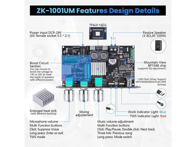 Alt view image 6 of 7 - Bluetooth5.3 Mini Amplifier Board 100W Mono Power Amp with TWS Box, Karaoke Audio Amps Module with Boost for Home/Outdoor DIY Speakers, DC 9-24V, MIC and Reverb, Supports BT/USB/AUX Inputs