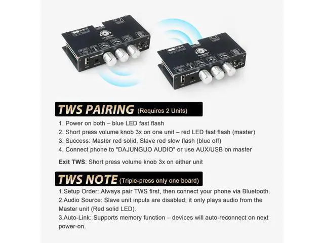 Alt view image 3 of 6 - TW100U 100W Mono Amplifier Board, TPA3116D2 Digital Power Amp Module with Built-in Step-up Voltage Circuit (19V/24V), Supports TWS Wireless Pairing, Bluetooth 5.3, AUX, USB Input, DC 12-24V