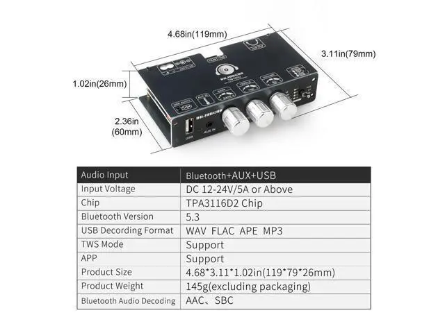 Alt view image 6 of 6 - TW100U 100W Mono Bluetooth 5.3 Amplifier Board, TPA3116D2 Digital Power Amp Module, Support TWS Wireless Pairing, AUX/USB/Bluetooth Input, DC 12-24V Single Channel Audio Component for DIY Speakers