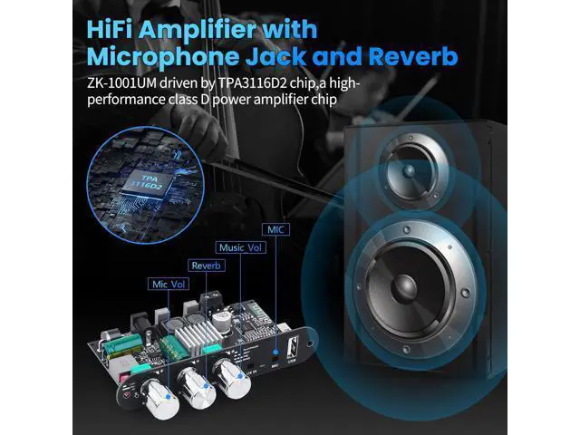 Alt view image 4 of 7 - Bluetooth5.3 Mini Amplifier Board 100W Mono Power Amp with TWS Box, Karaoke Audio Amps Module with Boost for Home/Outdoor DIY Speakers, DC 9-24V, MIC and Reverb, Supports BT/USB/AUX Inputs
