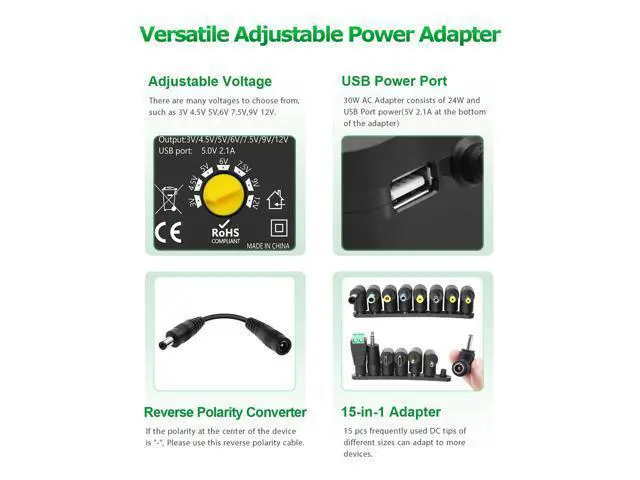 Alt view image 2 of 7 - 30W Universal AC to DC Power Adapter Adjustable Power Supply 3V 4.5V 6V 9V 12V 2A 1A DC Adapter AC 100-240V to DC 3-12V Multi Voltage Switching Power Adapter with 15 Tips + Polarity Converter