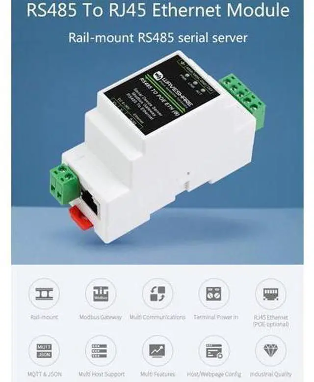 Alt view image 2 of 5 - waveshare RS485 to RJ45 Ethernet with POE Function Modbus/MQTT Gateway, Bi-Directional Transparent Data Transmission Between RS485 and Ethernet, 6~36V DC Screw Terminal, or PoE Port Power Supply