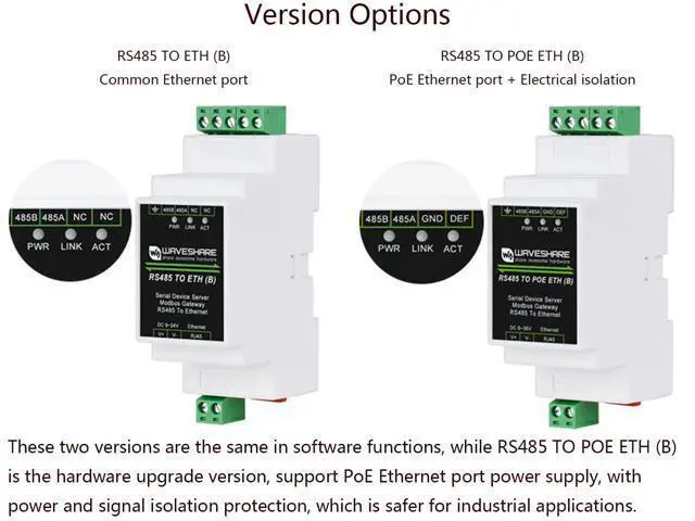 Alt view image 4 of 5 - waveshare RS485 to RJ45 Ethernet with POE Function Modbus/MQTT Gateway, Bi-Directional Transparent Data Transmission Between RS485 and Ethernet, 6~36V DC Screw Terminal, or PoE Port Power Supply