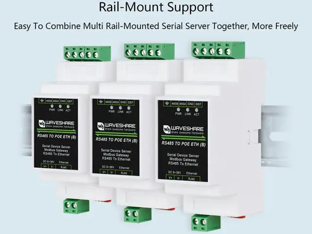 Alt view image 5 of 5 - waveshare RS485 to RJ45 Ethernet with POE Function Modbus/MQTT Gateway, Bi-Directional Transparent Data Transmission Between RS485 and Ethernet, 6~36V DC Screw Terminal, or PoE Port Power Supply