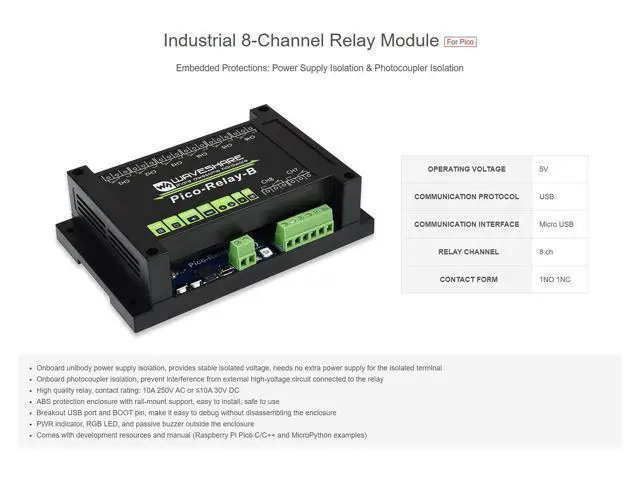 Alt view image 3 of 5 - Waveshare Industrial 8-Channel Relay Module for Raspberry Pi Pico Power Supply Isolation Photocoupler Isolation