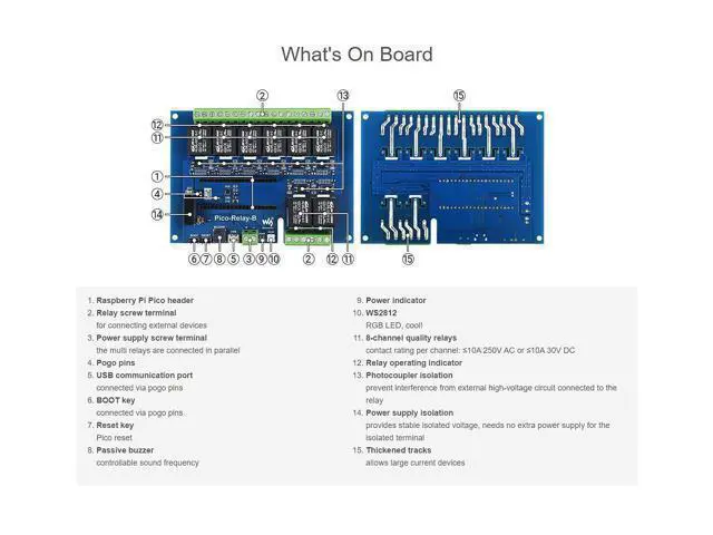 Alt view image 5 of 5 - Waveshare Industrial 8-Channel Relay Module for Raspberry Pi Pico Power Supply Isolation Photocoupler Isolation