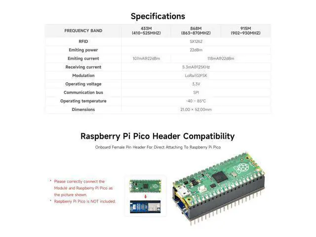 Alt view image 4 of 5 - Waveshare Pico SX1262 LoRa Node Module, Compatible with Raspberry Pi Pico, LoRaWAN Protocol Support, Long Range, Low Power, High Sensitivity Wireless Communication for IoT Projects