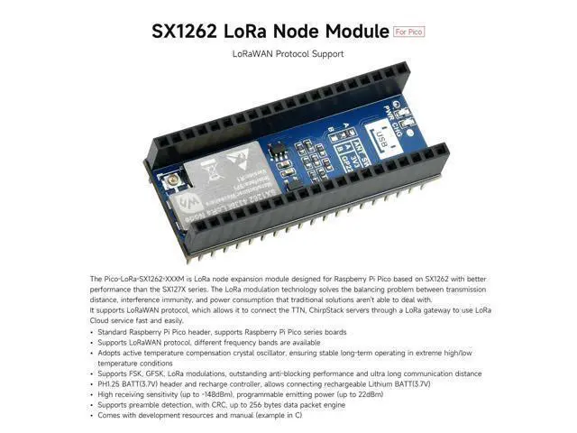 Alt view image 3 of 5 - Waveshare Pico SX1262 LoRa Node Module, Compatible with Raspberry Pi Pico, LoRaWAN Protocol Support, Long Range, Low Power, High Sensitivity Wireless Communication for IoT Projects