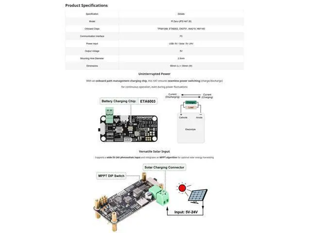 Alt view image 5 of 5 - Uninterruptible Power Supply HAT for Raspberry Pi Zero Series, 5V Stable Output, Solar Charging (5V24V), Ba-ttery Monitoring via I2C,Low-Power UPS Expansion Module